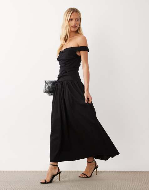 ASOS DESIGN robe longue structurée bardot à corsage froncé avec ourlet ample noire - view 1