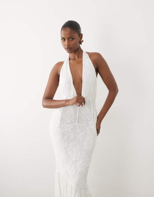 ASOS DESIGN - Robe longue style corset en dentelle texturée avec ourlet sirène et taille cintrée - Crème, 2 de 4