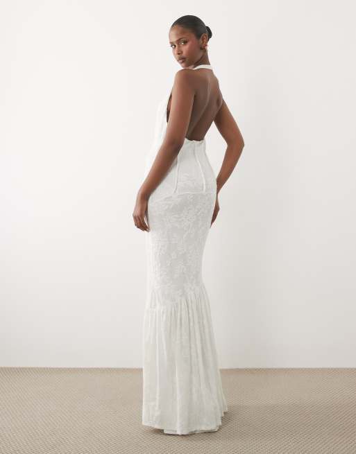 ASOS DESIGN - Robe longue style corset en dentelle texturée avec ourlet sirène et taille cintrée - Crème, 3 de 4