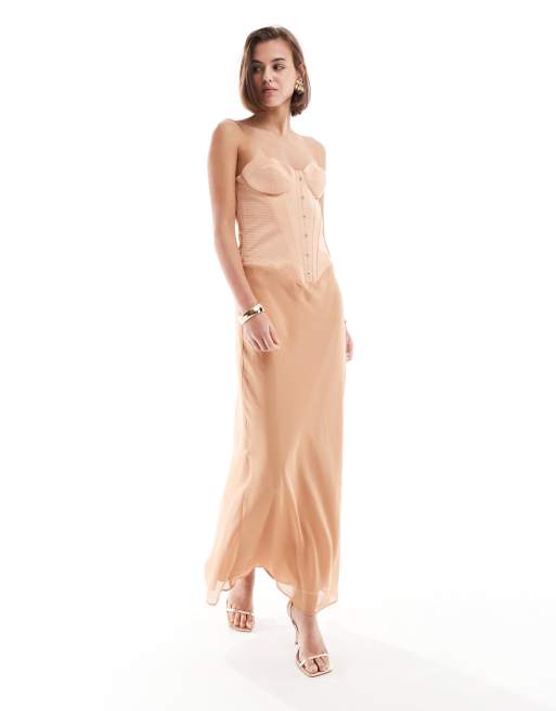 ASOS DESIGN - Robe longue style corset en satin avec jupe en mousseline - Camel