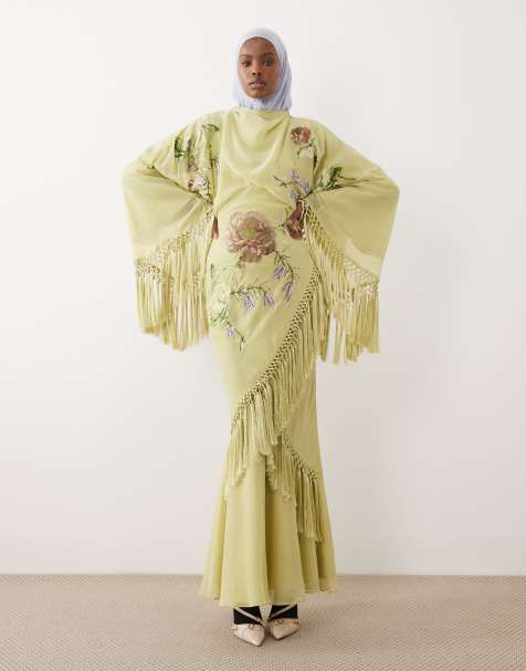ASOS DESIGN robe longue style kimono à broderies et franges en viscose - view 1