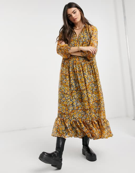 Asos Design Robe Longue Superposee A Col Volante Et Imprime Fleuri Style Annees 70 Asos