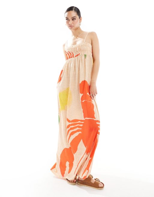 ASOS DESIGN - Robe longue texturée à bretelles et froncée sur le buste à imprimé homard - Multicolore