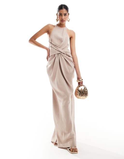 ASOS DESIGN - Robe longue texturée à dos nageur et taille torsadée - Taupe