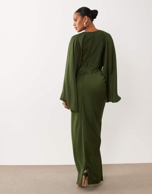 ASOS DESIGN - Robe longue texturée à manches chauve-souris et taille en biais - Kaki, 4 de 4