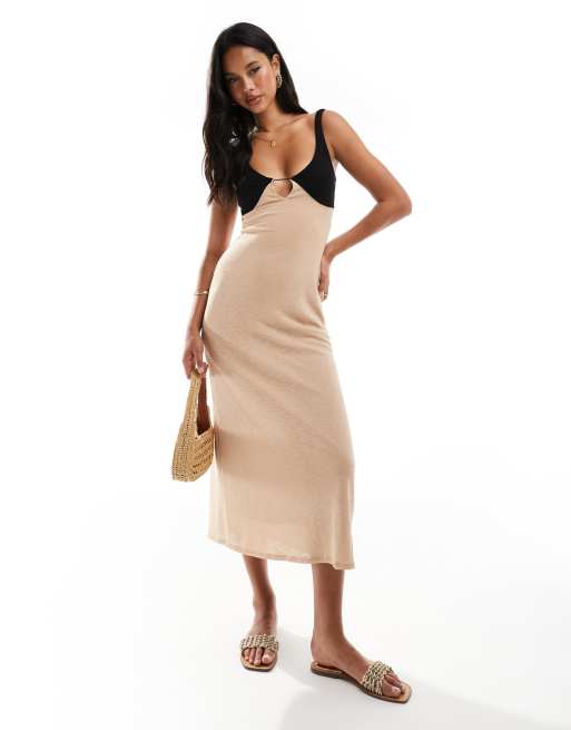 ASOS DESIGN - Robe longue texturée avec fente goutte d'eau et buste contrastant - Camel