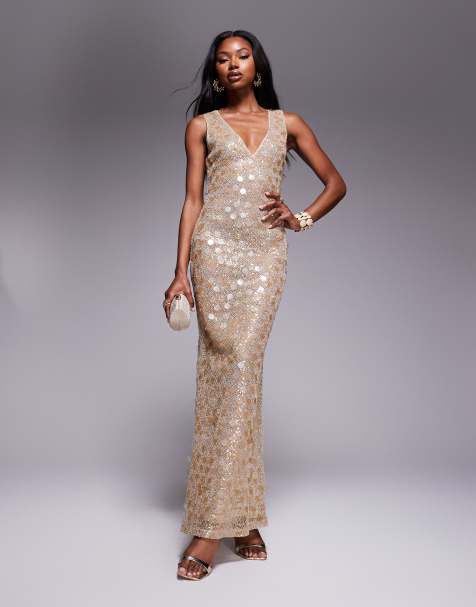 ASOS DESIGN - Robe longue texturée ornementée à décolleté plongeant et à sequins variés - Doré - view 1