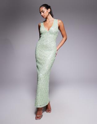 ASOS DESIGN - Robe longue texturée ornementée à décolleté plongeant et à sequins variés - Vert