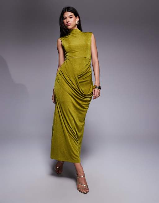ASOS DESIGN - Robe longue texturée près du corps à mancherons et détail drapé - Citron vert, 3 de 4