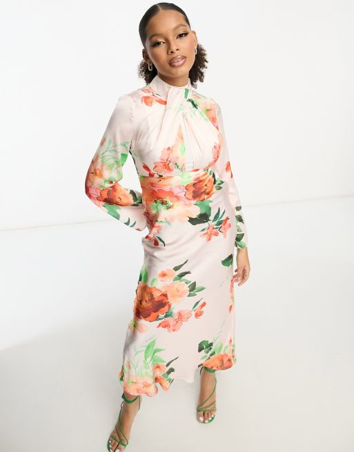 ASOS DESIGN Robe longue torsad e fleurs coupe en biais col montant