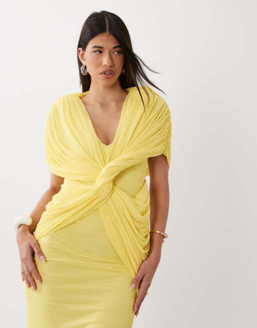 ASOS DESIGN - Robe longue torsadée avec cape et décolleté plongeant - Citron, 2 de 4