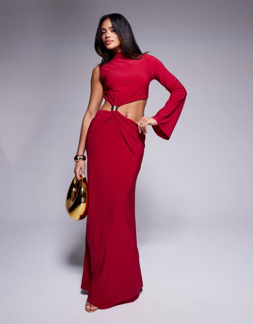 ASOS DESIGN - Robe longue torsadée avec une manche et détail métallique sur le devant - Rouge