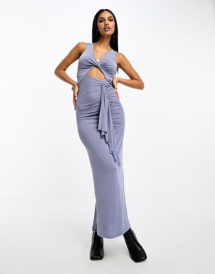 ASOS DESIGN twist front maxi dress with side ruffle in blue - ASOS Price Checker