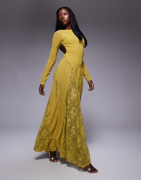 ASOS DESIGN - Robe longue transparente à manches longues avec godets à empiècements en dentelle et body - Vert - view 1