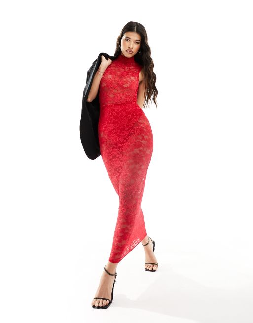 ASOS DESIGN Robe longue transparente en dentelle col montant Rouge