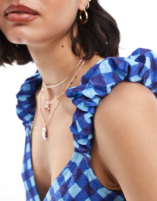 ASOS DESIGN - Robe longue trapèze à carreaux et manches bouffantes - Bleu, 4 de 4