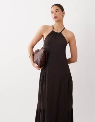 Robe longue trapèze texturée à dos nu - Chocolat-Marron 36