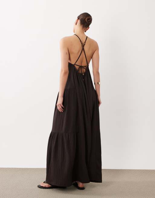 ASOS DESIGN - Robe longue trapèze texturée à dos nu - Chocolat, 4 de 4