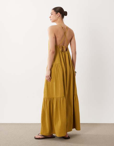 ASOS DESIGN - Robe longue trapèze texturée à dos nu - Ocre - view 1