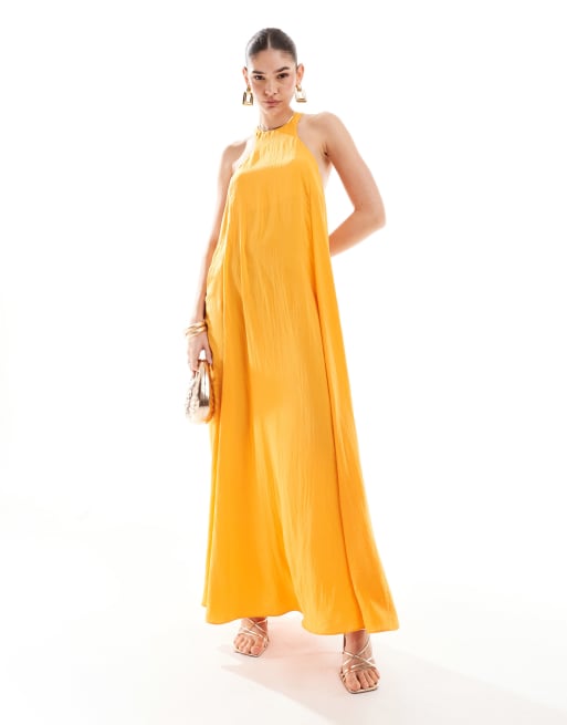 ASOS DESIGN - Robe longue trapèze volumineuse coupe nageur en satin avec finition dorée - Orange, 3 de 4