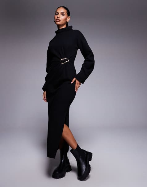 ASOS DESIGN - Robe longue ultra douce à col montant avec détail en métal - Noir - view 1