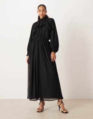 Robe longue volantée à col montant en mousseline - Noir 34
