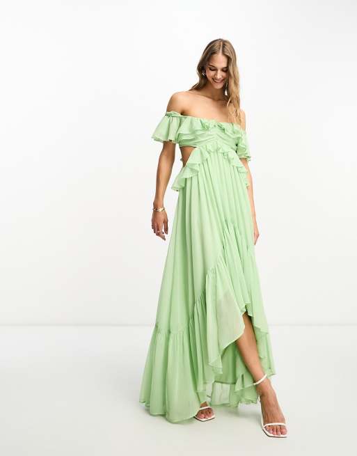 ASOS DESIGN Robe longue volant e paules d nud es d coupes et ourlet asym trique Vert sauge