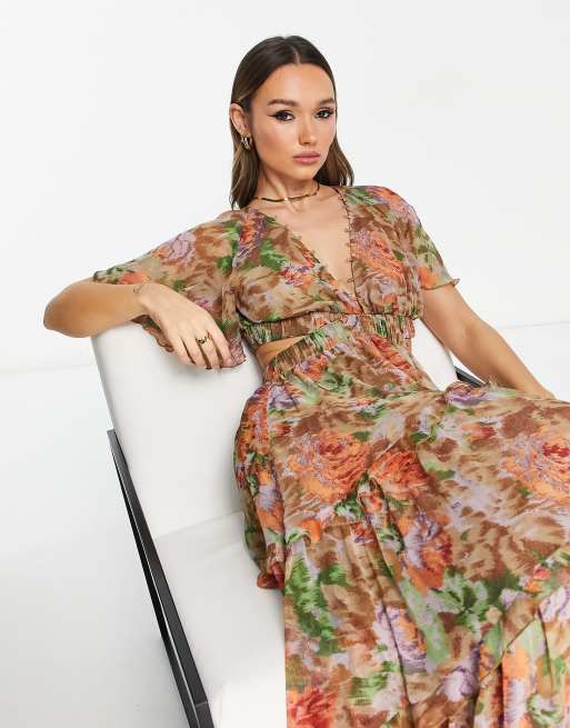 ASOS DESIGN Robe longue volant e manches ange et d tail boutonn avec d collet plongeant et d coupes Imprim fleuri flout