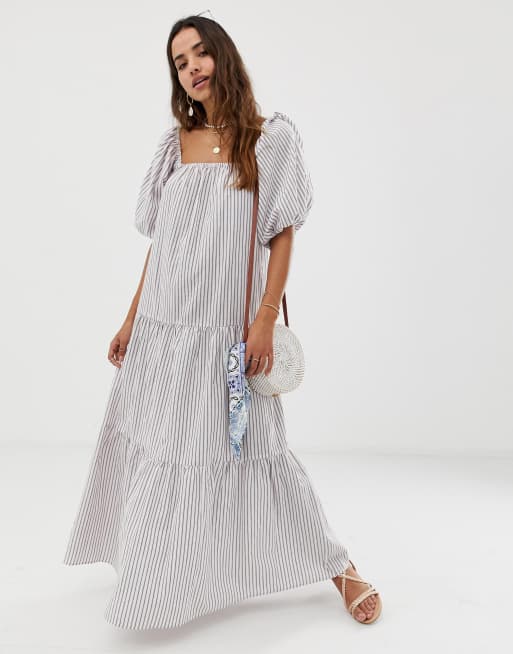 ASOS DESIGN - Robe longue volantée à rayures et manches bouffantes