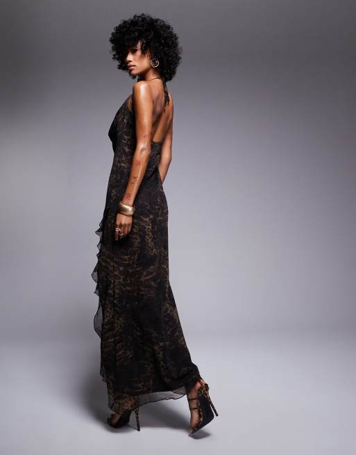 ASOS DESIGN - Robe longue volantée en tulle à col bénitier - Imprimé léopard foncé, 4 de 4