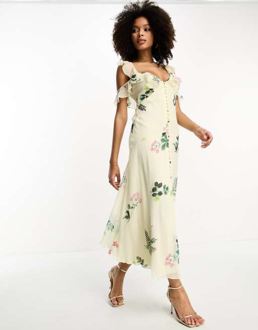 ASOS DESIGN Robe longueur mollet boutons et manches volant es Citron fleuri