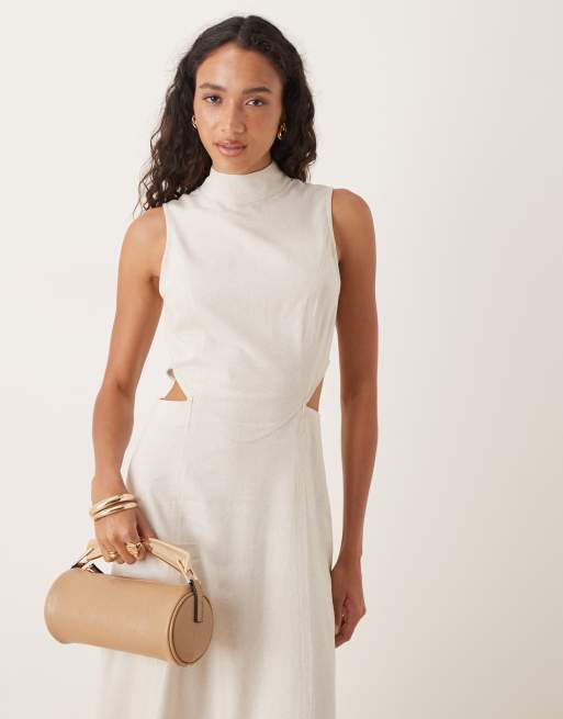 ASOS DESIGN - Robe longueur mollet à col montant avec découpe en lin mélangé - Grège, 2 de 4