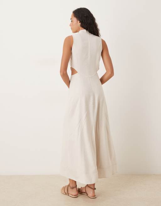 ASOS DESIGN - Robe longueur mollet à col montant avec découpe en lin mélangé - Grège, 4 de 4