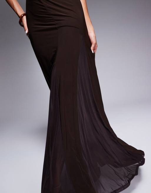 ASOS DESIGN - Robe longueur mollet à empiècements transparents avec godets et col montant - Marron, 3 de 4