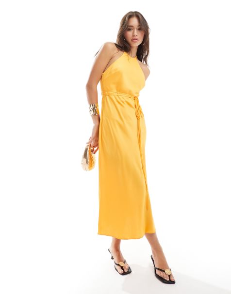 ASOS DESIGN - Robe longueur mollet à encolure licou avec liens à la taille et découpe sur le côté - Orange - view 1