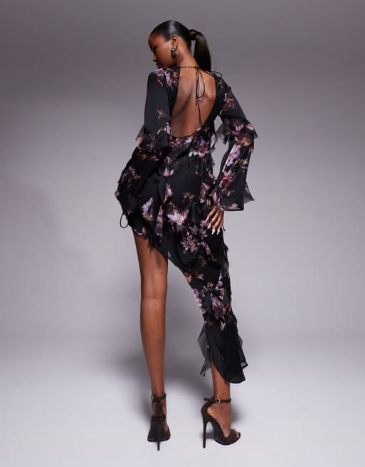 ASOS DESIGN - Robe longueur mollet à fleurs à manches longues, dos ouvert et volants à bords effilochés - Noir, 2 de 4
