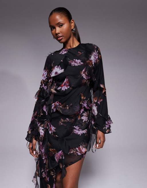ASOS DESIGN - Robe longueur mollet à fleurs à manches longues, dos ouvert et volants à bords effilochés - Noir, 3 de 4