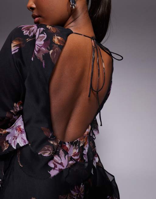 ASOS DESIGN - Robe longueur mollet à fleurs à manches longues, dos ouvert et volants à bords effilochés - Noir, 4 de 4