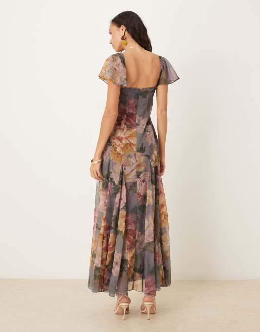 ASOS DESIGN - Robe longueur mollet à imprimé fleuri oversize et buste froncé avec manches évasées et godets - Bleu, 3 de 4