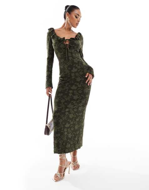 ASOS DESIGN - Robe longueur mollet à manches longues avec détail noué à l'avant et effet dévoré en dentelle avec volants - Kaki - view 1