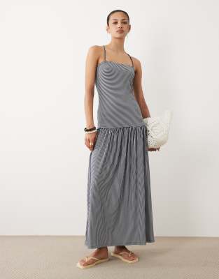 Robe longueur mollet à rayures et taille basse - Bleu marine/blanc-multicolore S