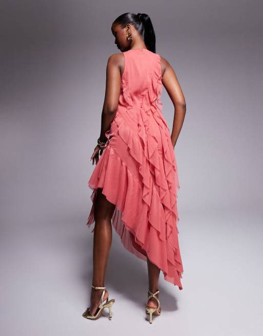 ASOS DESIGN - Robe longueur mollet asymétrique à encolure nageur et volants - Rose, 2 de 4