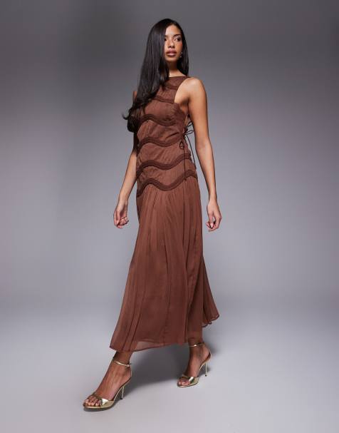 ASOS DESIGN - Robe longueur mollet avec corsage à empiècements et finitions en dentelle - Marron - view 1