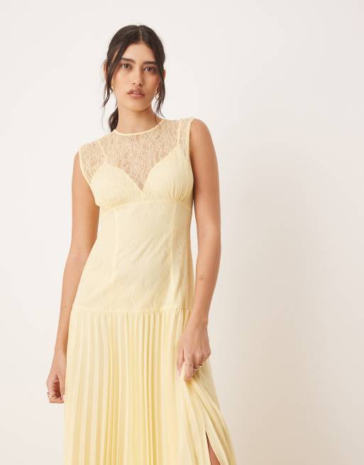 ASOS DESIGN - Robe longueur mollet avec corsage en dentelle et jupe plissée - Citron, 2 de 4