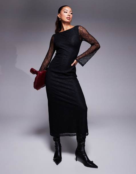 ASOS DESIGN - Robe longueur mollet avec manches ange en dentelle - Noir - view 1