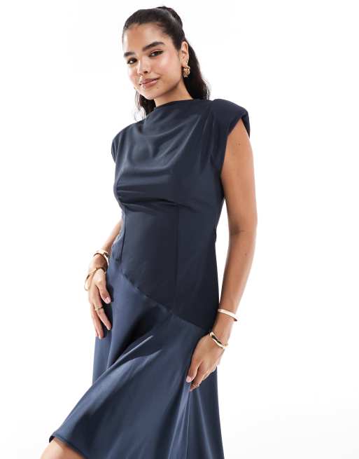 ASOS DESIGN Robe longueur mollet contrastante en satin a col montant Bleu marine