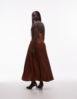 Robe longueur mollet coupée en biais avec jupe boule - Chocolat-Brown 46