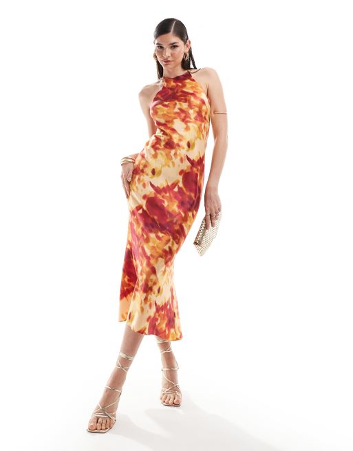ASOS DESIGN - Robe longueur mollet coupée en biais en satin à imprimé abstrait flouté