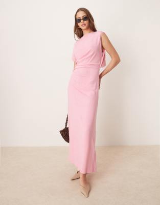 ASOS DESIGN linen mix open back draped waist midaxi dress in pink
