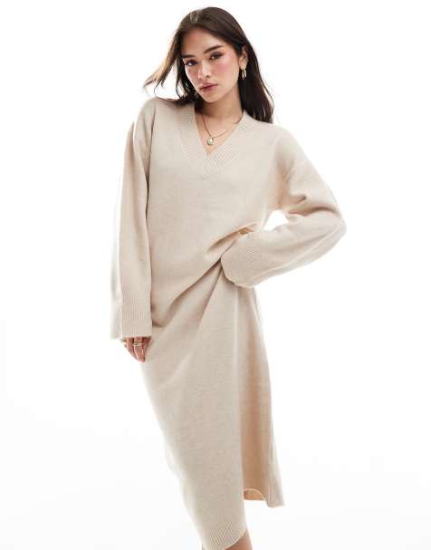 ASOS DESIGN - Robe longueur mollet en maille avec col V - Grège - view 1